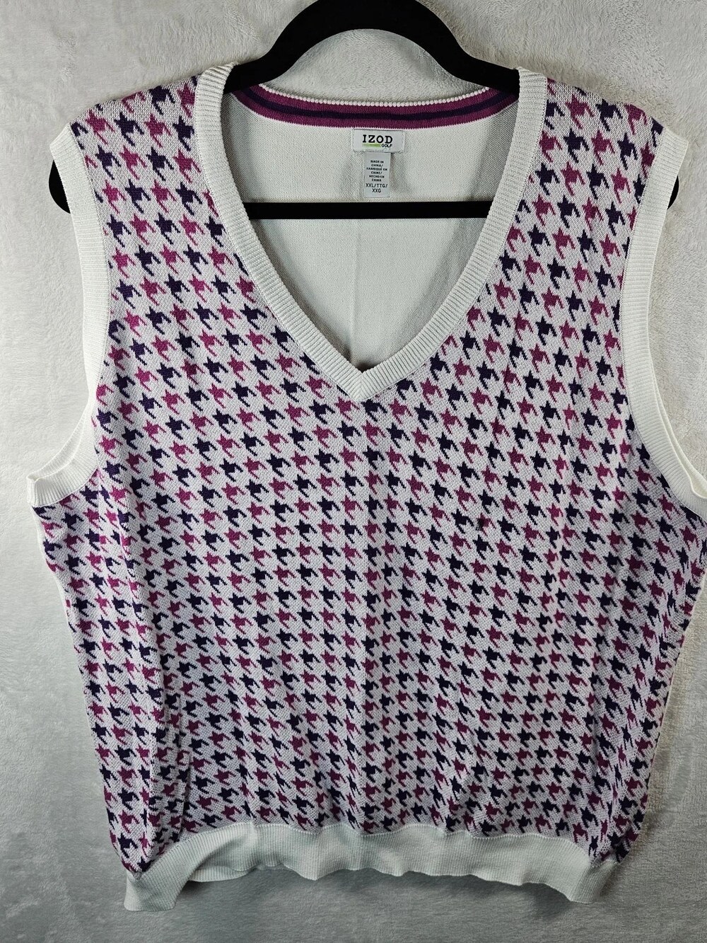IZOD Golf Sweater Vest V-Neck Houndstooth Knit White Pink Purple Womens Sz XXL